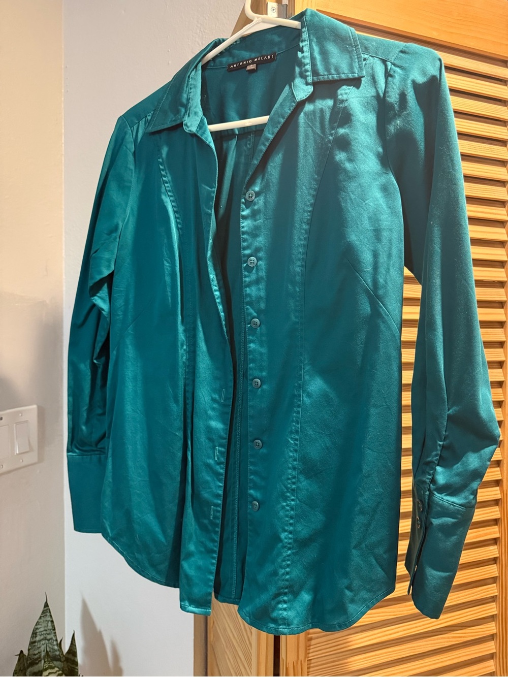 ANTONIO MELANI Teal Satin Button-Down Blouse